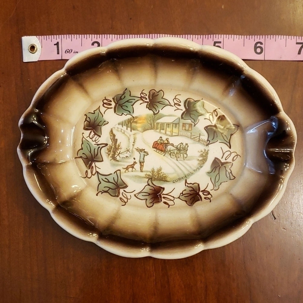 Vintage Currier & Ives Small Oval Ashtray Brown Winter Scene Very Pretty VGC - Picture 7 of 13